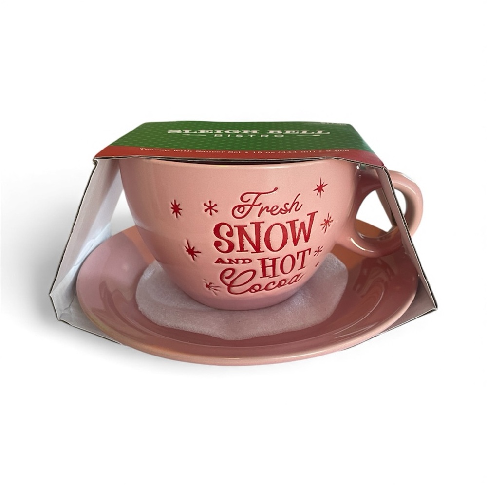 Sleigh‎ Bell Bistro Pink and Red Holiday Snow Hot Cocoa Cup and Saucer Set